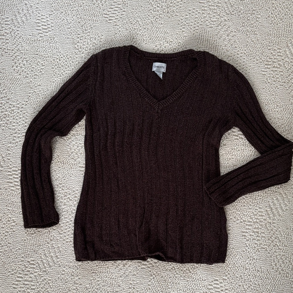 Chico’s Dark Brown ribbed V-Neck Sweater